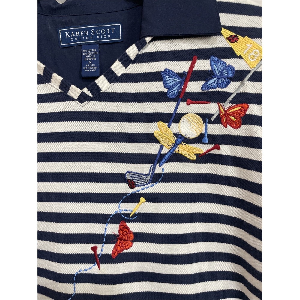 Karen Scott Women‎  Shirt Medium Blue White Embroidered Golf Polo Butterfly